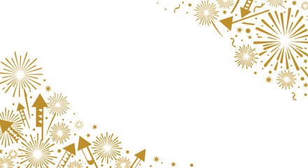 Golden fireworks and rockets create a celebratory border on white background
