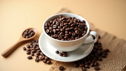 A coffee cup filled with roasted coffee beans on a saucer with a spoon and scattered beans around it