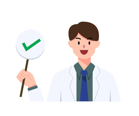 Male doctor cartoon showing a correct or yes sign for recommendation, medical, hospital and illustration