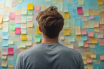 Young creative man analyzing colorful sticky notes wall for brainstorming, strategic planning, innovation, problem solving and idea development in modern workspace