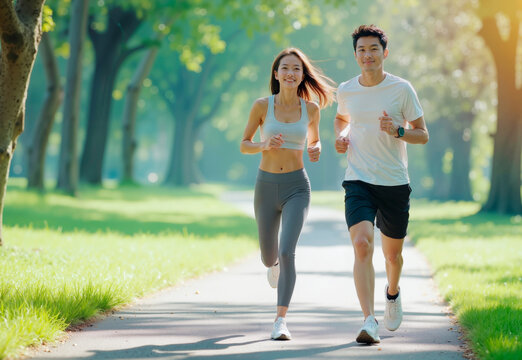 A young Asian couple jogging together in a park full of trees on a sunny day