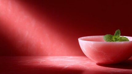 A simple pink bowl sits on a deep red surface. The natural light highlights the bowl and a sprig of mint. This elegant setup is perfect for food photography. AI
