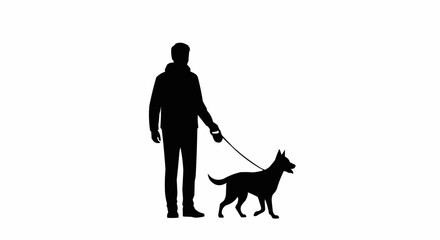 Silhouette of Person Walking Dog on Leash Isolated on White Background