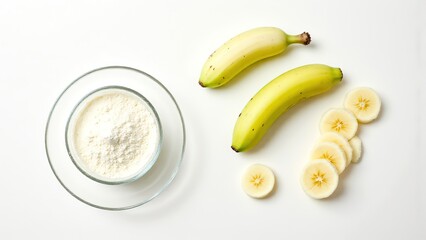 Fresh Bananas and Powdered Substance on White Background