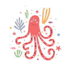 Funny cartoon octopus at the bottom of the ocean. Fabulous marine animal. It can be used for decoration of children`s interiors, holidays, cards, banners. Vector illustration on isolated background.