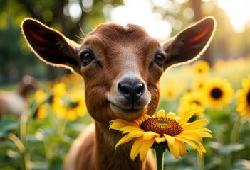 Fototapeta premium A cheerful goat with a sunflower in its mouth surrounded by sunflowers