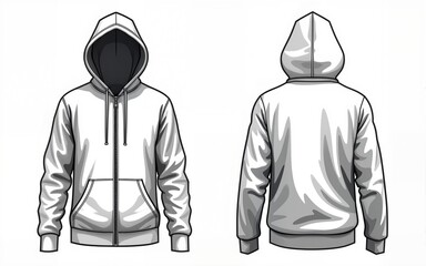 Full zip hoodie sweatshirt flat technical drawing illustration mock-up template for design and tech packs men or unisex fashion CAD streetwear. High quality