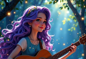 Obraz premium Young woman with purple hair playing guitar in a magical forest setting