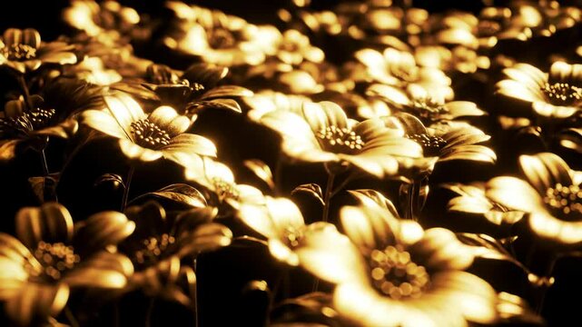 Field of illuminated golden flowers in darkness, floral background