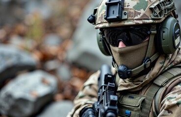 A soldier in camouflage gear holding a firearm in a tactical outdoor setting
