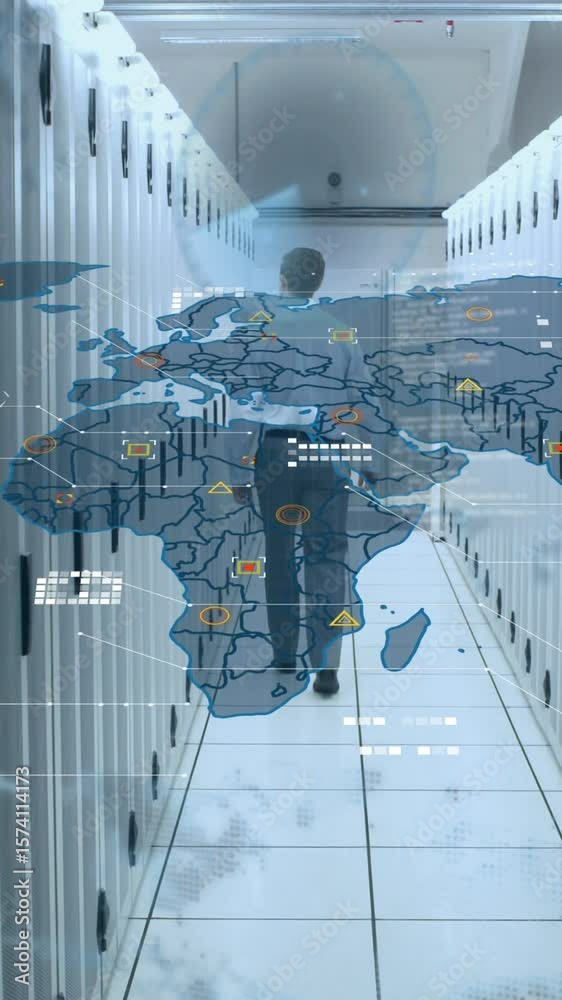 Poster animation of world map and data processing over caucasian businessman by computer servers
