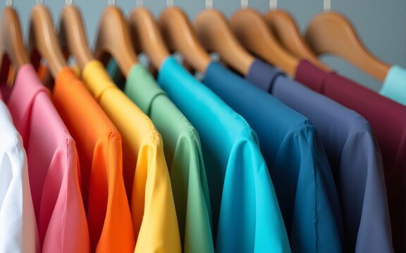 Close up of Colorful t-shirts on hangers, apparel background. High quality