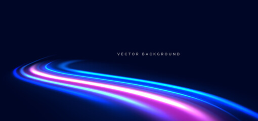 Blue and pink curved neon beams on dark blue background. High speed motion moving concept.