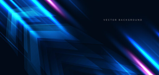 Arrow hi speed and blue and pink neon diagonal beams rays on dark blue background. Speed motion moving concept.