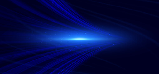 Blue curved lines with lighting effec sparkle on dark blue background. High speed motion moving concept.