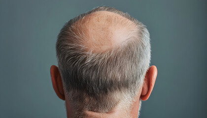 Rear view older man with bald patches on scalp, showing signs alopecia and age-related hair thinning, Anti-aging treatments for balding men, hair loss