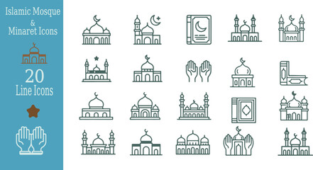 Twenty Green Line Icons of Mosques Minarets Prayer Hands and Islamic Symbols on White Background