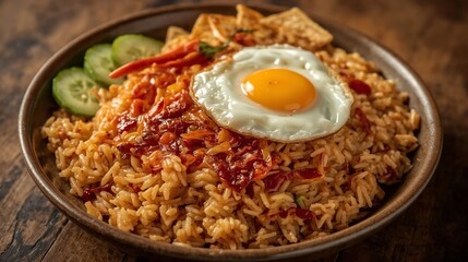 Traditional fried rice stir-fried with sweet soy sauce, garlic, and chili, served with a fried egg, vegetables, and prawn crackers for a savory and satisfying meal