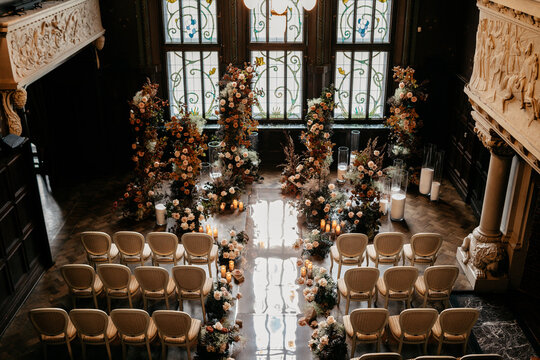 Elegant wedding venue with floral arrangements in historic building