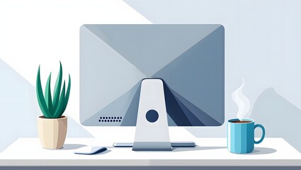 Workspace Simplicity Computer Plant and Coffee Creating Tranquil Productivity