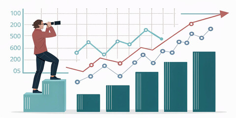 Transparent PNG available
Bar graph and line graph tracking progress and trends. Man on arrow-shaped blocks using search bar 