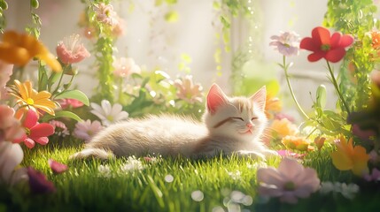 A peaceful kitten lying in a vibrant field of flowers, basking in the warm sunlight, creating a serene atmosphere.