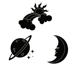 Set sky object sillhouette vector on white background,set sky object on black background, sillhouette sky object design image,set sky sillhouette illustration,set sky sillhouette design for template