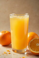 Refrescante zumo de naranja sobre fondo anaranjado