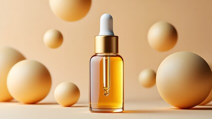 Elegant Serum Bottle Display Golden Hue and Spherical Accents a Beauty Product Presentation