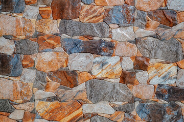 rustic stone wall featuring irregularly shaped stones in various shades of brown, gray, and beige....
