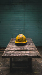 Rusty hard hat on weathered wood table in abandoned building; safety, construction, industry
