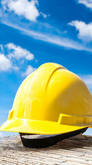 Yellow hard hat outdoors, sunny sky, construction site background, safety equipment