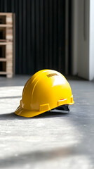 Yellow hard hat on concrete floor, warehouse background, safety concept, industrial site