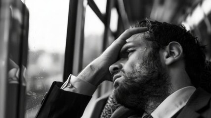 A man holding his head in his hands, depicted in black and white