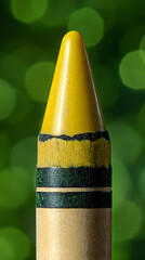 Close-up of a used yellow crayon against a blurred green background;  perfect for educational materials