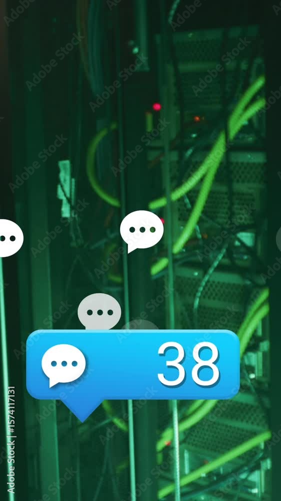 Poster online chat notifications processing data over computer servers in dark server room