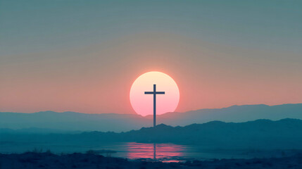 A solitary cross stands in stark silhouette against a vibrant orange and red sky at sunrise or sunset, symbolizing Christian faith, hope, and salvation.