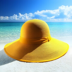 Yellow sun hat on sandy beach, turquoise ocean background, summer vacation travel