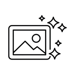 Minimalist AI image enhancement icon with photo and sparkle elements, line art style for app and UI design