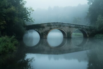 Ancient stone bridge with three arches is reflected in the still water of a river on a foggy morning