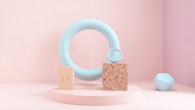 Abstract pastel colored composition of geometric shapes on a platform in a minimalist aesthetic studio setup