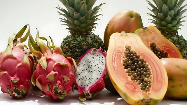 4K, A vibrant studio shot capturing the freshness and colors of tropical fruits. The image is perfect for culinary and healthy lifestyle themes