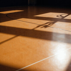 Basketball Court Floor with Shadows and Sunlight in Gymnasium