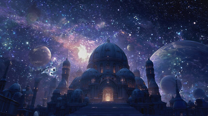 A grand futuristic temple with glowing spires reaches towards a cosmic night sky, its majestic architecture set against a backdrop of distant planets and swirling galaxies.