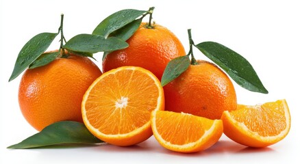 Fresh oranges, segments & leaves on white. Use for health, juice, food visuals