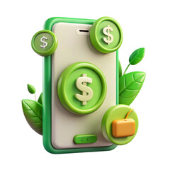 Smartphone banking app with dollar coins and a briefcase showing online financial transaction with high quality 3d rendering icon and land transportation isolated on white background