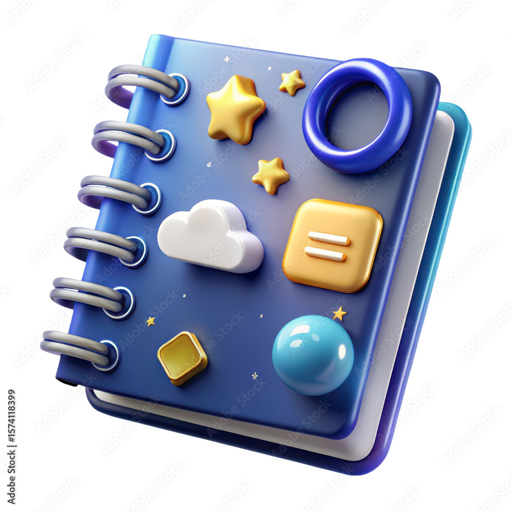 Fototapete spiral bound notebook with cloud star shapes and sphere high quality 3d rendering icon land transpor