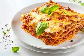 Lasagna with golden crispy cheese on top, layers of pasta and rich meat sauce visible served on a plate