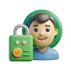 Smiling cartoon man next to green padlock high quality 3d rendering icon land transportation isolated on white background
