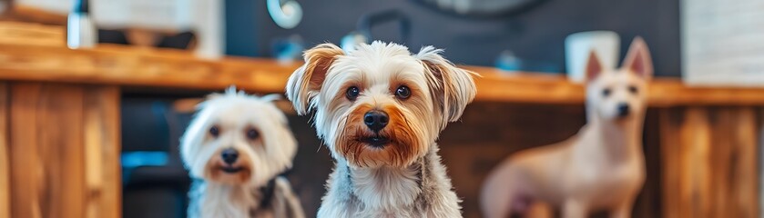 Three dogs are playfully posing in a cozy indoor setting, showcasing their unique personalities and warmth